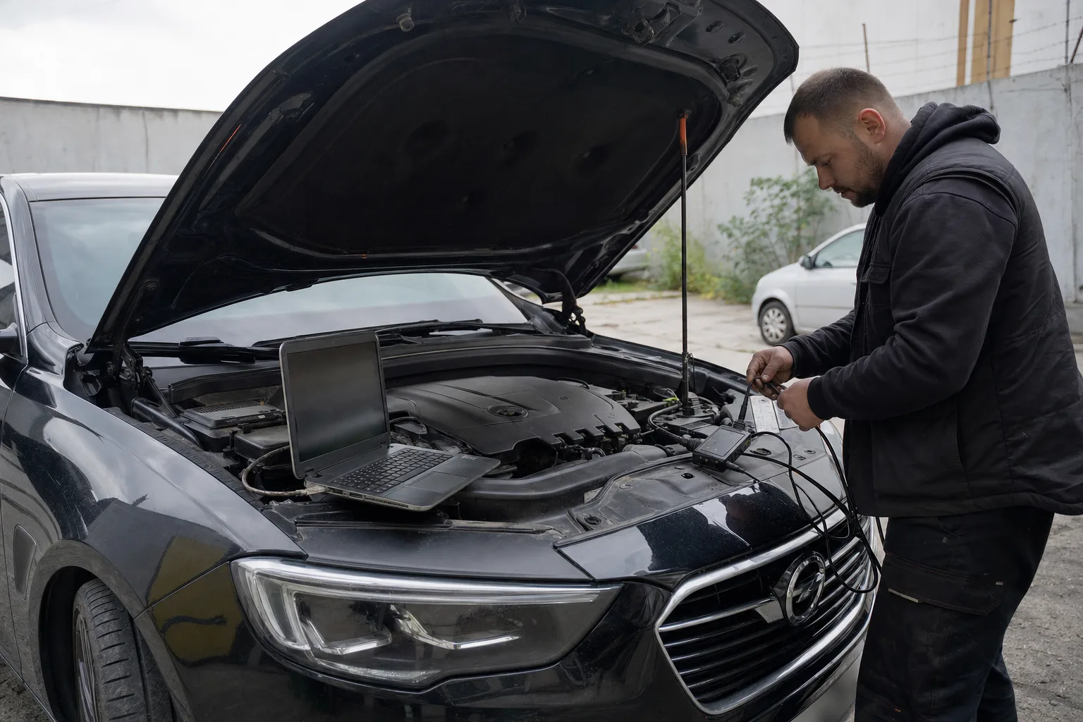 На фото зображено зовнішній майданчик автосервісу або…